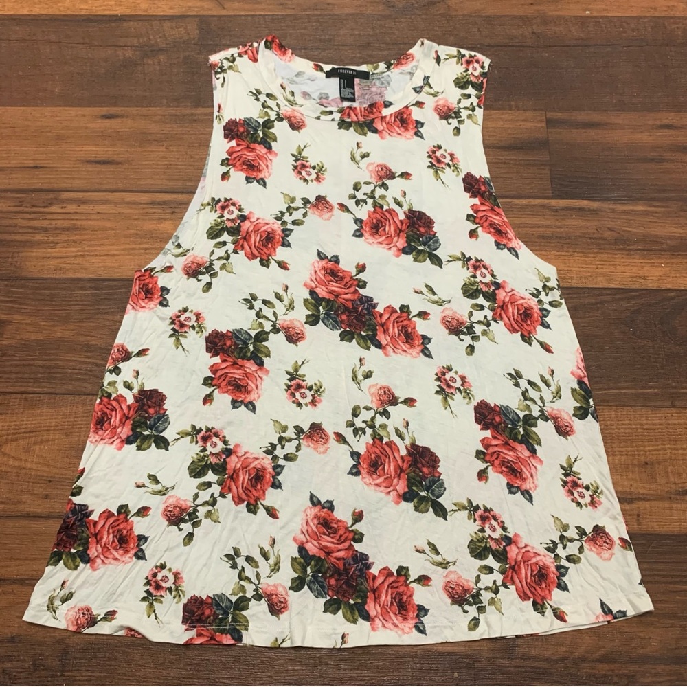 Forever 21 White Rose Floral Sleeveless Lightweight Tank Top Women’s Size L
